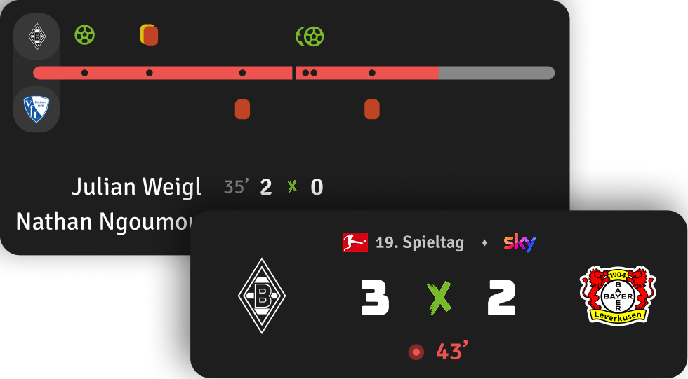 Live Matchcenter Modul mit Spielstand und Live Ticker Timeline in der Fohlen-App