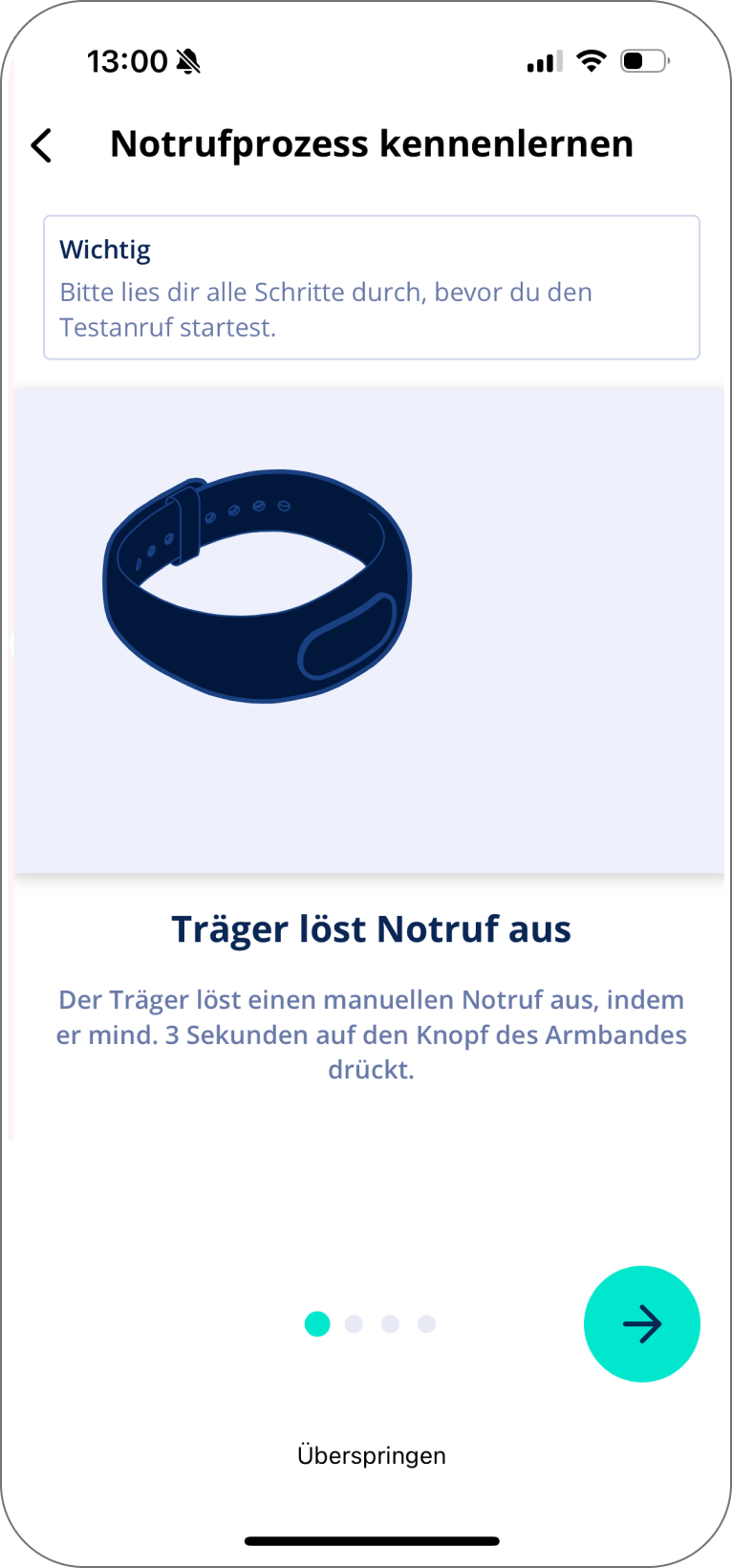 Onboarding-Screen, der erklärt, wie der Träger über das Notrufarmband einen manuellen Notruf auslöst.