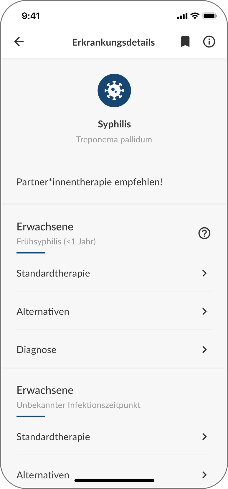 Detailansicht einer Erkrankung mit Informationen zu Diagnose sowie Standard- und Alternativtherapien.