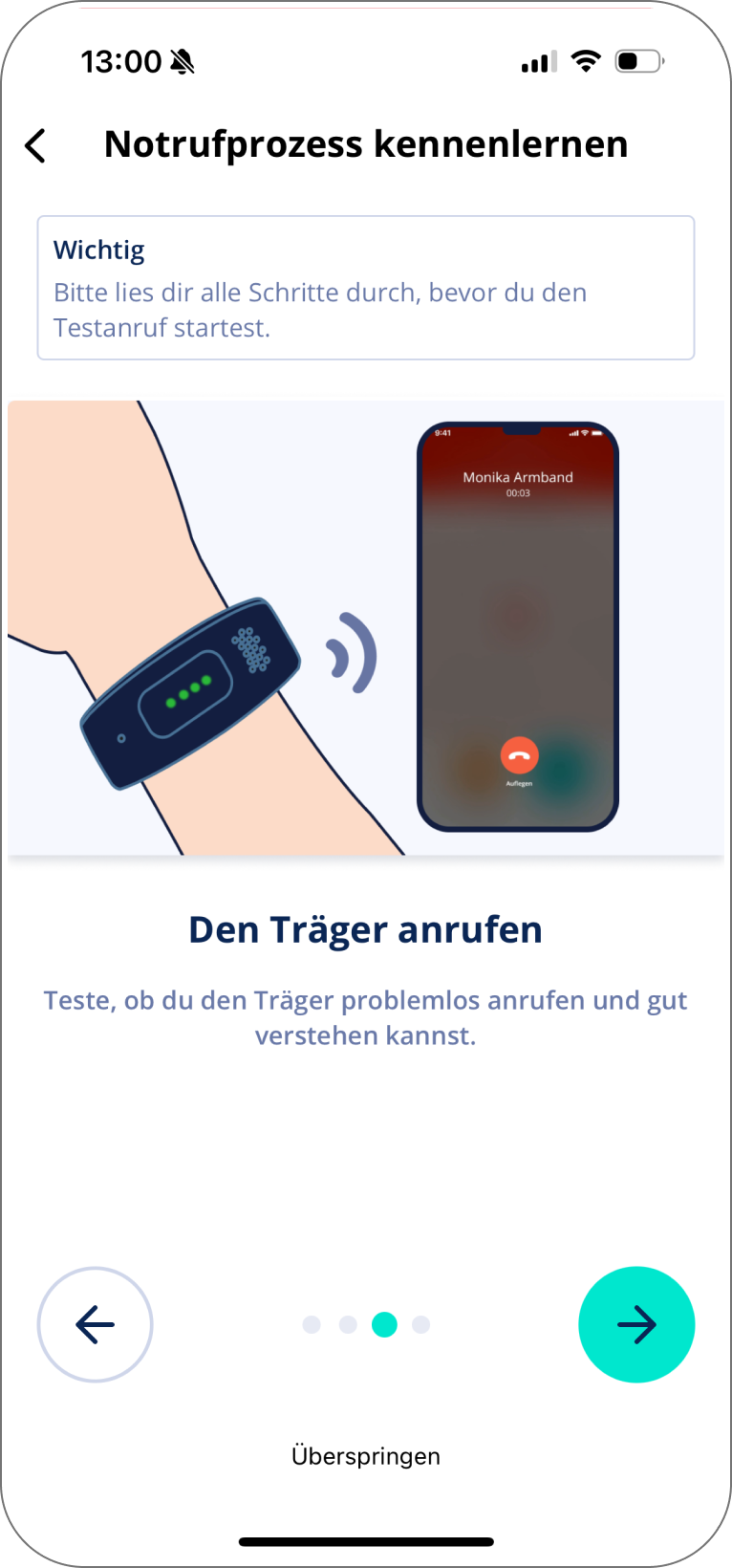 Onboarding-Ansicht, die veranschaulicht, wie während eines Notrufs eine direkte Sprachverbindung zum Träger aufgebaut wird.