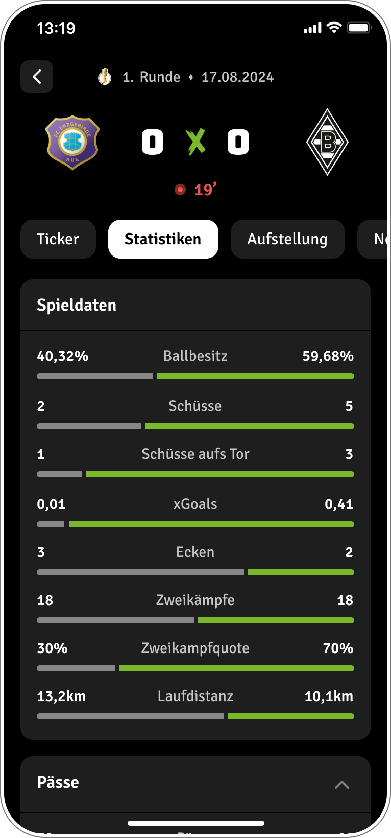 Live-Matchday-Statistiken mit Echtzeit-Vergleich beider Teams in der Fohlen-App.