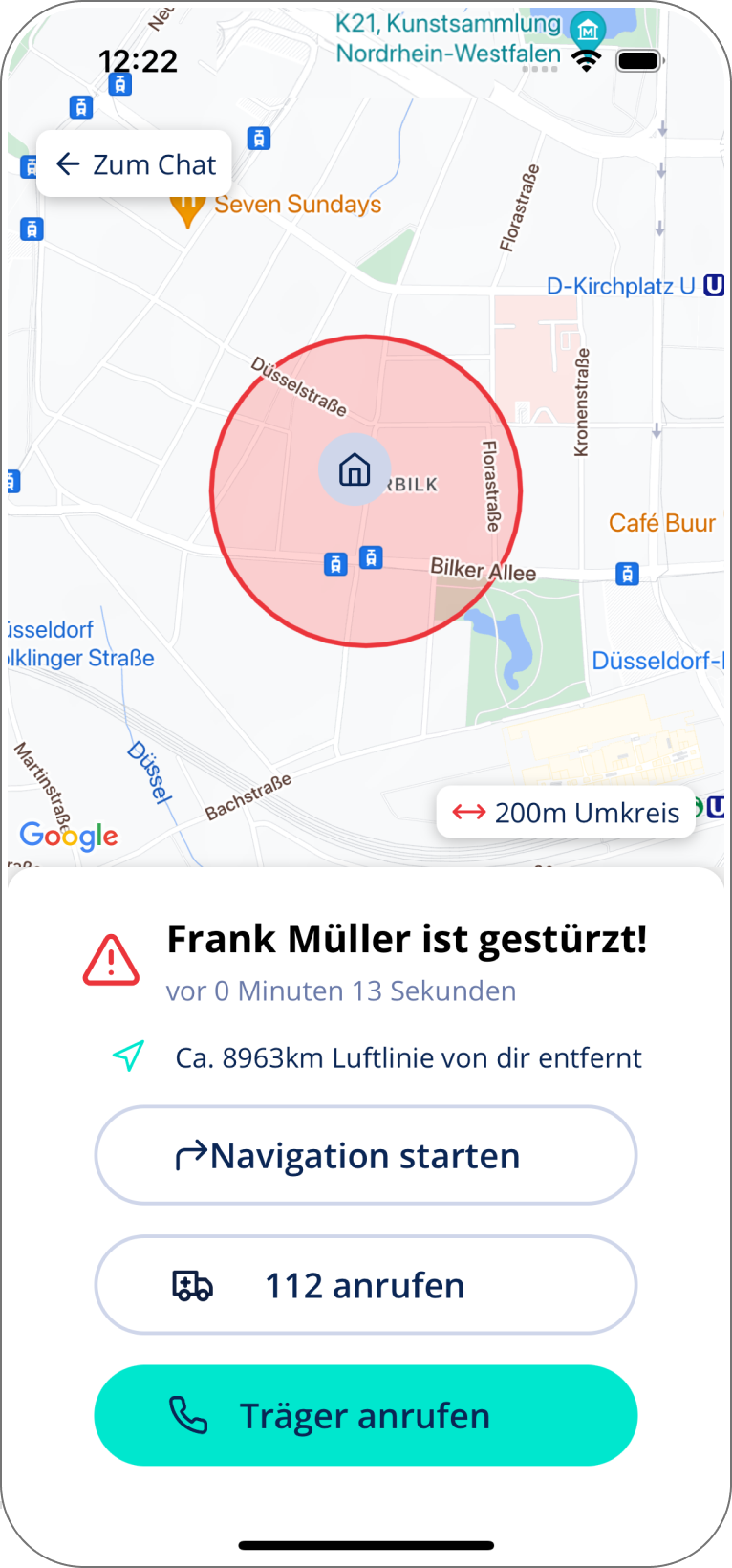Ansicht eines eingehenden Notrufs mit Standortanzeige, Kartenübersicht und Optionen zur Kontaktaufnahme.