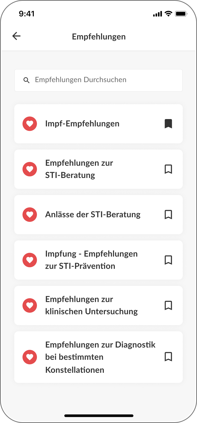 Empfehlungsübersicht der DSTIG-App mit thematischen Kacheln zu STI-Beratung, Prävention und Diagnostik.