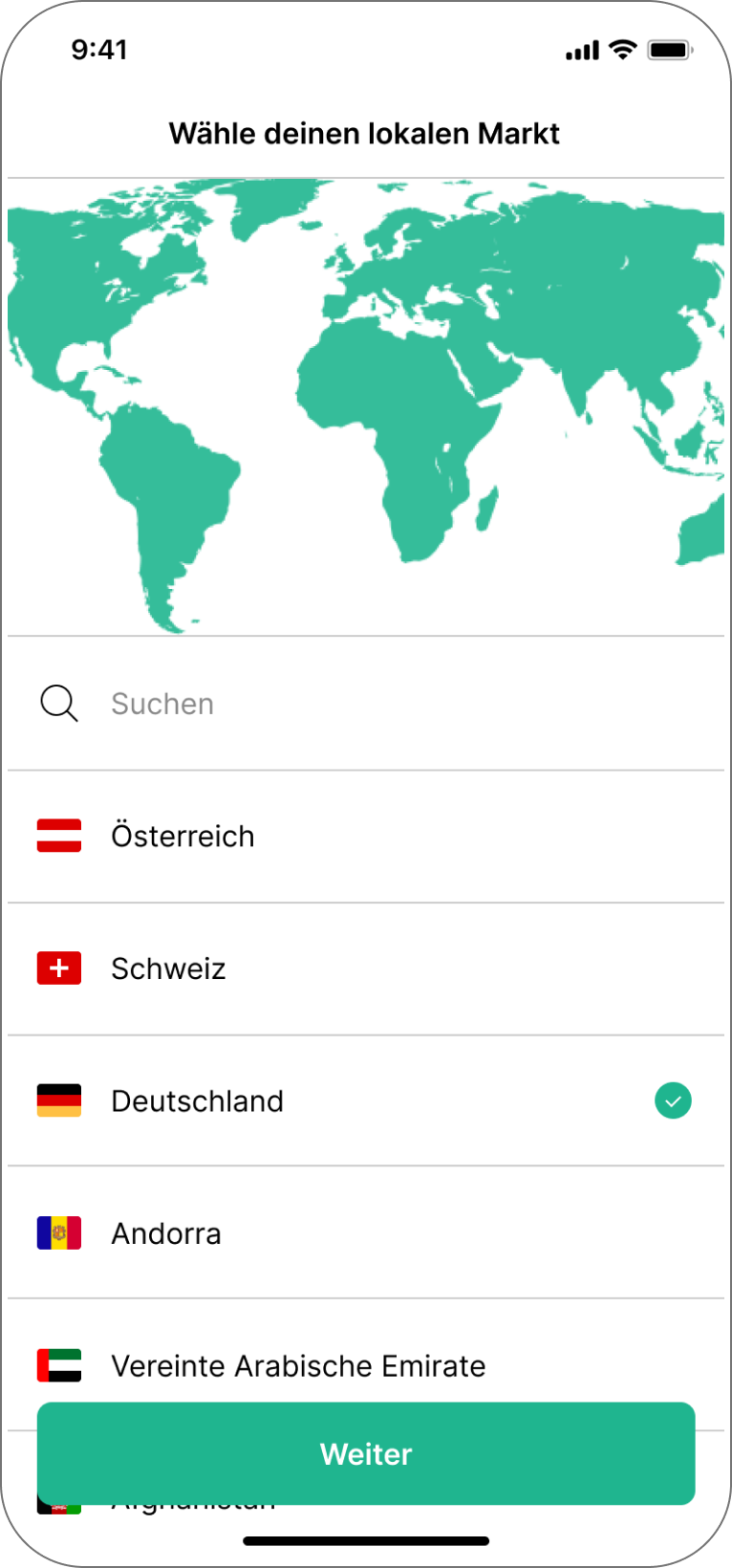 Onboarding-Screen der Grailify-App zur Auswahl des lokalen Marktes für regionale Sneaker-Releases und Angebote.