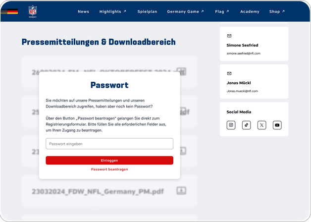 Pressebereich der NFL-Germany-Plattform mit Downloadbereich und passwortgeschütztem Zugang